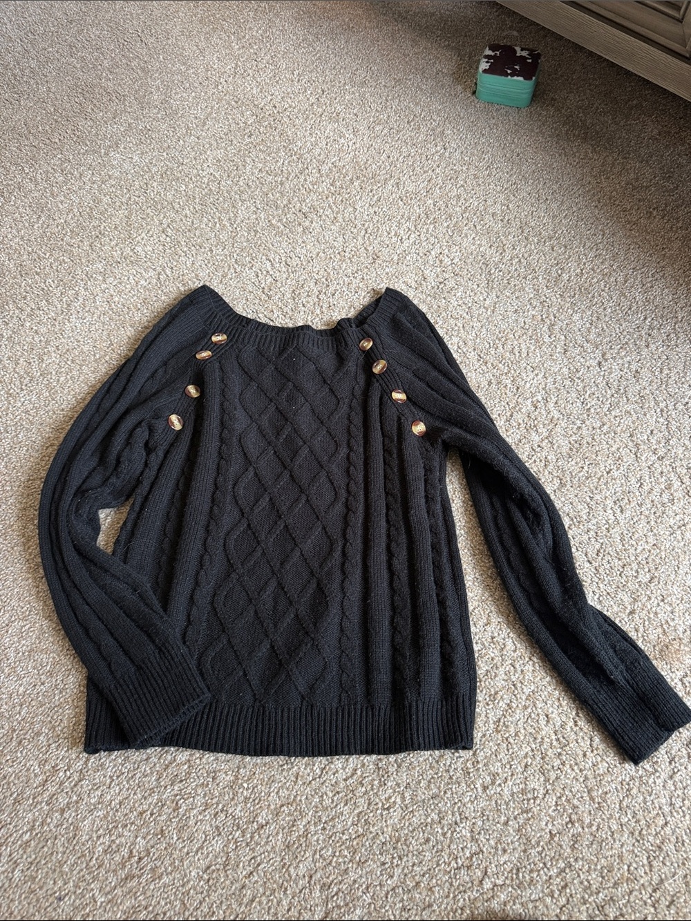 SHEIN Black Off-Shoulder Cable Knit Sweater with Gold Buttons